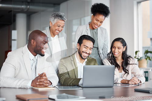 Image of Business people, laptop and meeting in teamwork, collaboration or corporate webinar at the office. Happy diverse group of employees working on computer together for team conference at the workplace