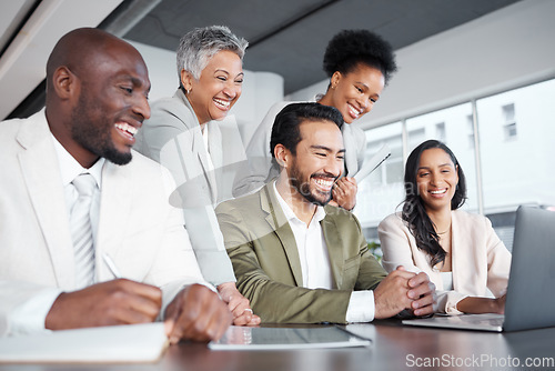 Image of Business people, laptop and meeting in team collaboration or corporate webinar at the office. Happy diverse group of employees working on computer together for teamwork in conference at the workplace