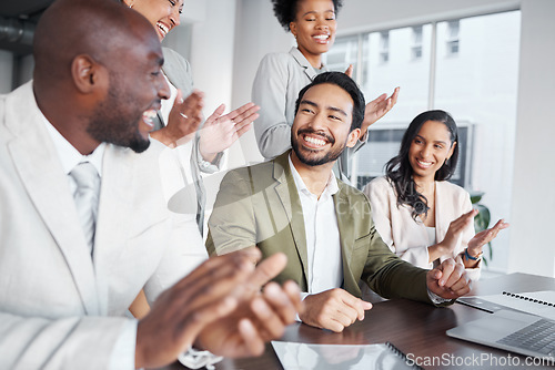 Image of Clapping, laptop and business people in meeting for proposal, logo or reveal in office. Team, applause and corporate success by group celebrating achievement, project and job well done together