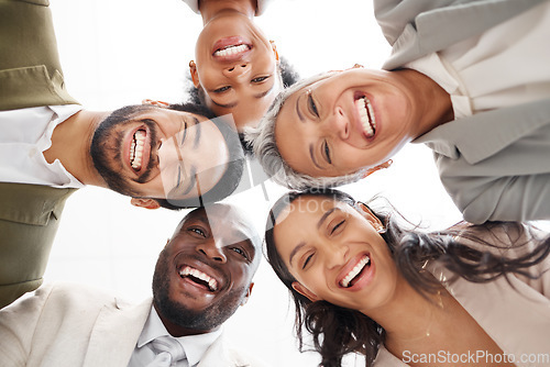 Image of Portrait, below and business group of people with smile for career teamwork, team building and collaboration. Happy diversity staff, face of employees or men and women in circle for professional work