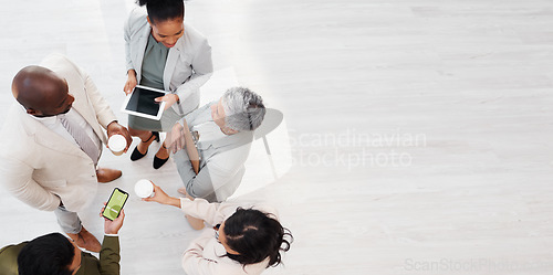 Image of Phone, tablet and people planning above with sustainable business, eco friendly and green project with group mockup. Circle, employees and women and men, technology screen for sustainability ideas