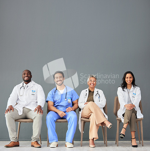 Image of Healthcare, doctors and portrait of team on chair on wall background for insurance, wellness and medical mockup. Hospital, teamwork and men and women sitting in line for consulting, help and service