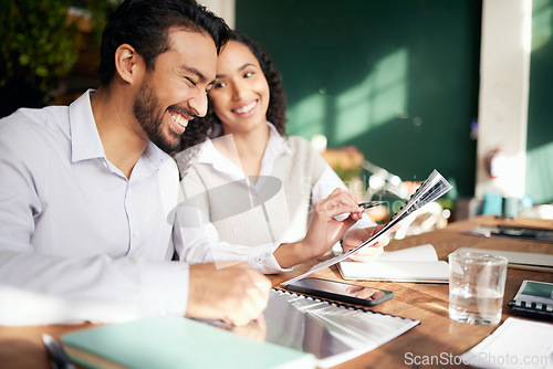 Image of Collaboration, documents and strategy with a business team in the office, working together on a report. Teamwork, paper or planning with man and woman colleagues or employees at work on a proposal