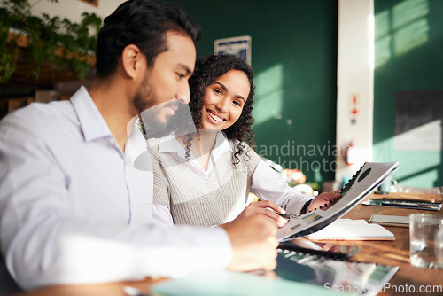 Image of Collaboration portrait, documents and planning with a business team in office, working together on a report. Teamwork, paper or strategy with man and woman colleagues or employees on a work proposal