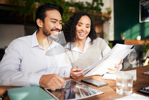 Image of Collaboration, documents and meeting with a business team in the office and working together on a report. Teamwork, planning or strategy with man, woman and employee colleagues at work on a proposal