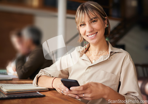 Image of Portrait, business and woman with smartphone, typing and smile with connection, chatting and social media. Face, female or consultant with cellphone, mobile app or communication with device in office