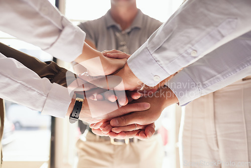 Image of Teamwork, collaboration and hands stacked for support, target or team building mission in office circle or group. Business people with together hand sign for community goals or professional workflow