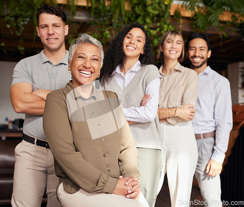 Image of Happy, smile and portrait of business people in office with diversity, confidence and friendship. Happiness, team and multiracial group of professional employees standing with manager in workplace.