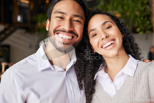 Image of Selfie smile, portrait or happy business people in corporate meeting, photography or collaboration photo. Asian man, woman or faces of employees in teamwork for fun profile picture as office friends