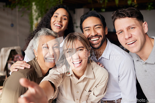 Image of Selfie, friends and a business team in the office together, posing for a photograph while feeling happy. Portrait, social media and diversity with colleagues taking a profile picture photo at work