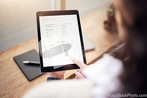 Image of Above person, menu and tablet in cafe for ordering food, meal and lunch on technology. Closeup of restaurant customer, screen and digital options on app of choice, selection and online in coffee shop