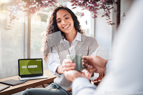 Image of Service, remote work and a woman with a coffee from a waiter at a restaurant. Happy, cup and a worker giving a girl a warm beverage while working on a laptop at a cafe on a break in the morning