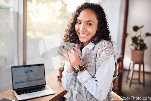 Image of Coffee shop, woman portrait and laptop screen for politics business, remote work project or journalist news. Happy biracial person at Internet cafe for research ideas, inspiration or website article