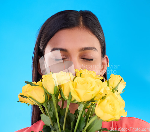 Image of Smell, flower bouquet and roses with woman in studio for gift, satisfaction and spring. Relax, happy and floral present with female isolated on blue background for aroma, natural and products