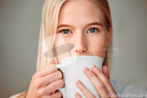 Image of Relax, portrait and woman with coffee, calm and cheerful with inspiration, motivation and chilling. Face, female and young person with tea, cappuccino and satisfied with beverage, aroma and peace