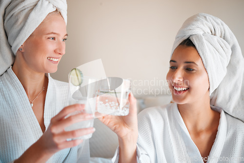 Image of Spa, happy and friends cheers with a drink, luxury bonding and wellness pampering together. Smile, toasting and women drinking water for a detox, nutrition and diet during a relaxation day at home