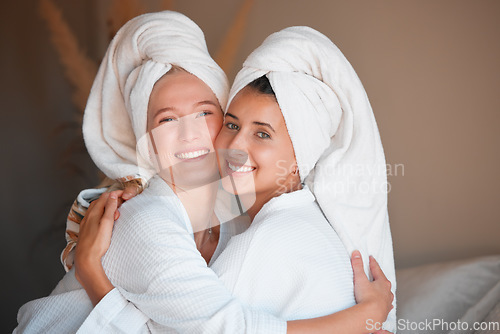 Image of Portrait, spa and women hug, skincare and cosmetics with salon treatment, relax and getaway for beauty. Face, females and friends on holiday, vacation and grooming on resort trip, smile and embrace