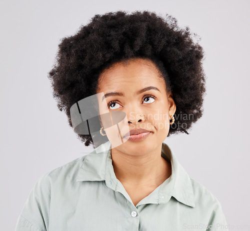 Image of Thinking, doubt and face of black woman in studio for mockup, idea and promotion. Problem, information and confused with female isolated on white background for contemplating, sarcasm and tired