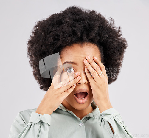 Image of Black woman, shock and hands cover eyes in studio for surprise, wow and omg reaction on white background. Emoji mockup, wow face and portrait of girl shocked for news, announcement and gossip