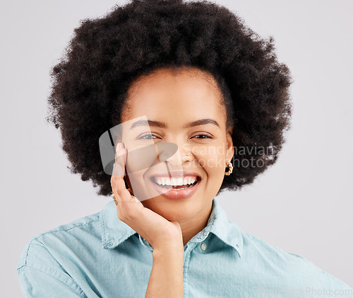 Image of Happy, face and portrait of black woman in studio with smile, confidence and happiness on white background. Business, success mockup and female worker with positive mindset, pride and empowerment