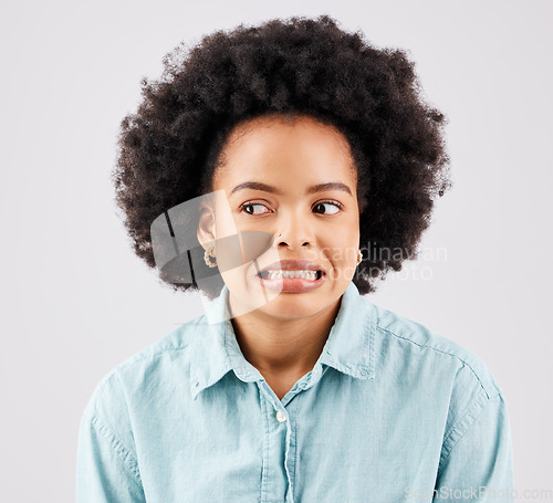 Image of Black woman, afro and oops face in studio with comic expression for fail by white background. Girl, model and african student with mistake, accident or thinking of bad decision in memory by backdrop