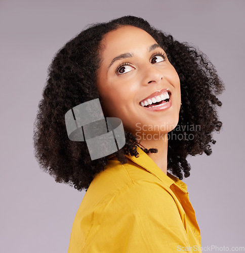 Image of Woman, happy and thinking face in studio, background and backdrop for ideas, remember memory and mindset goals. Smile, female model and daydream of visionary thoughts, imagine and optimism of hope