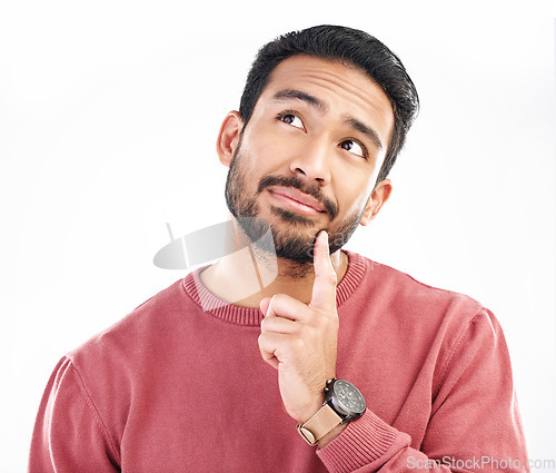 Image of Mockup, thinking and Asian man with decision, opportunity and thoughts isolated on white studio background. Japan, male and guy with fantasy, daydreaming and ideas for solution, mindset and happiness