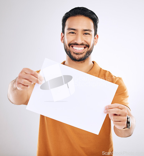 Image of Studio billboard, portrait mockup and happy man with marketing placard, advertising banner or product placement paper. Logo mock up, poster promotion sign or brand person isolated on white background