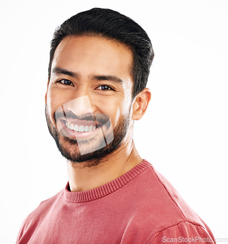 Image of Happy, headshot and portrait of an Asian man with a smile isolated on a white background in a studio. Relax, content and face of a model smiling, looking confident and attractive on a backdrop