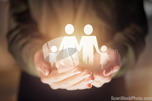 Image of Hands, paper cut out and family for insurance, safety or support with 3d hologram with glow for hope. Woman, holographic overlay and open palm together for security, community and charity in night