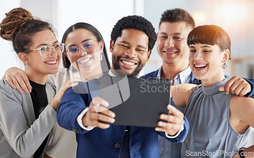 Image of Selfie, office smile and business people in group staff or team building, tablet photography or online diversity post. Professional friends, career influencer or employees in teamwork profile picture