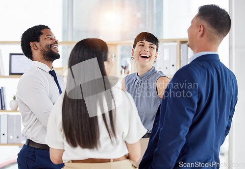 Image of Smile, friends and group of people in modern office, social conversation and joke at startup. Happy coworking, men and women at team building gathering on break, gossip and fun discussion together.