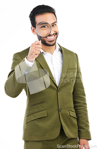 Image of Portrait, investigator and Asian man with magnifying glass, happy and quality inspection isolated on a white studio background. Face, Japanese male employee or inspector with compliance or fair trade