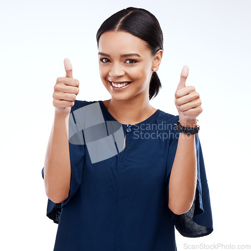 Image of Thumbs up, portrait and woman isolated on a white background success, thank you and support, like or vote. Winner business person with yes, ok and agreement hands sign or emoji for winning in studio