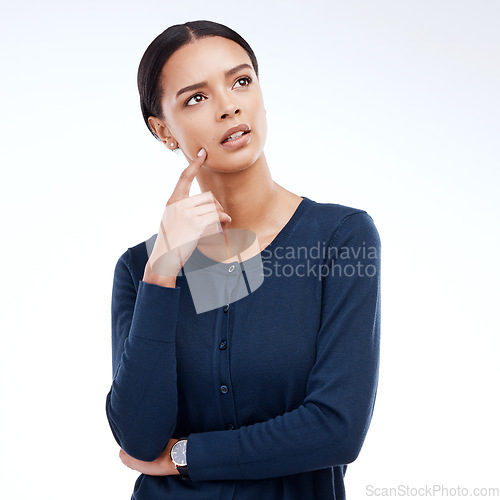 Image of Thinking, studio idea and woman contemplating decision, problem solving solution or planning ideas. Pensive, thoughtful and person focus on plan, strategy or choice isolated on white background