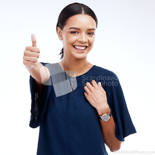 Image of Thumbs up portrait of woman isolated on a white background for success, thank you and professional support. Like, yes and ok hands sign with happy face of business winner or person winning in studio