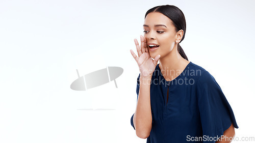 Image of Woman, smile and whispering hand with announcement against a white studio background. Female, person and entrepreneur with gossip news, talking and communication for information, details and mockup