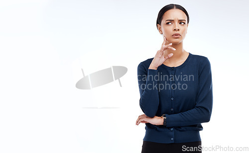 Image of Thinking, studio mockup or woman contemplating decision, problem solving solution or planning ideas. Pensive, thoughtful and person focus on plan, strategy idea or mock up choice on white background