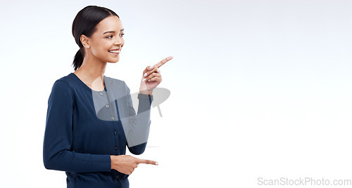 Image of Happy studio woman, mockup and pointing at sales promotion, advertising copy space or discount deal mock up. Commercial brand offer, presentation or female marketing gesture on white background