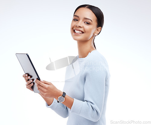 Image of Woman, tablet and studio portrait by white background for planning, schedule and smile for website. Girl, student and excited on mobile touchscreen app for research, calendar or social network chat