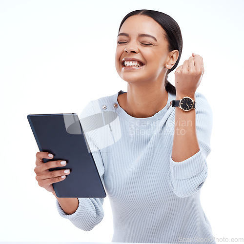 Image of Fist pump celebration, tablet winner and happy woman celebrate victory news, winning achievement or profit success. Cheers, bonus salary announcement and excited studio person on white background