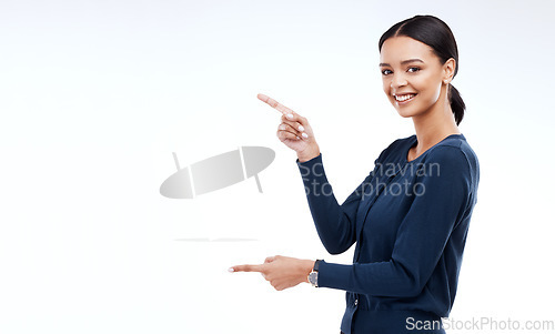 Image of Happy woman, portrait and studio hands pointing at sales promotion, advertising space or discount deal mock up. Commercial branding, marketing or female with gesture for white background presentation