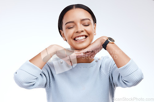 Image of Smile, hands and face of woman on a white background for beauty, cosmetics and natural makeup. Fashion, emoji mockup and happy girl isolated with confidence, smile and facial expression in studio