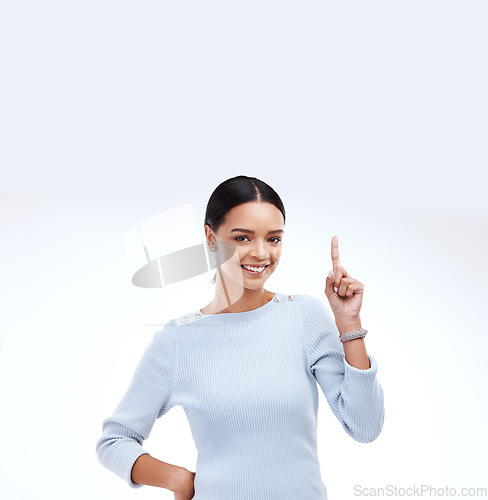 Image of Marketing woman, portrait smile and pointing up at promo information, mock up branding space or advertisement mockup. Brand logo, female presentation or studio model isolated on white background