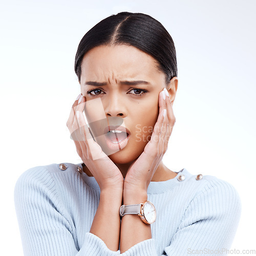 Image of Shock, confused and portrait of woman with hands on head for gossip, rumor and bad news in studio. Emoji reaction, mockup and isolated face of girl upset, unhappy and surprised on white background