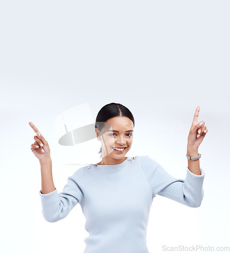 Image of Mock up woman, portrait smile and pointing up at retail promo information, empty branding space or advertisement mockup. Direction, female presentation or studio model isolated on white background