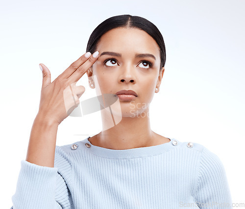 Image of Woman, studio and finger gun to head or brain while frustrated, annoyed or depressed emoji. Face of a serious female model with hand gesture for suicide, shooting or killing on a white background