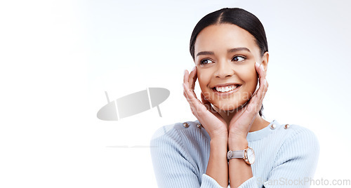 Image of Smile, thinking and mockup with a woman in studio on a white background for marketing or advertising. Happy, idea and branding with an attractive young female on an empty promotion space