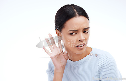 Image of Listen, hear and woman with hand on ear on white background for news, information and gossip in studio. Listening mockup, sound and isolated girl with gesture for rumor, attention and communication