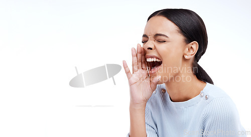 Image of Woman, shouting and screaming on mockup for voice, anger or announcement against a white studio background. Angry female model yelling with open mouth on copy space for protest, message or opinion